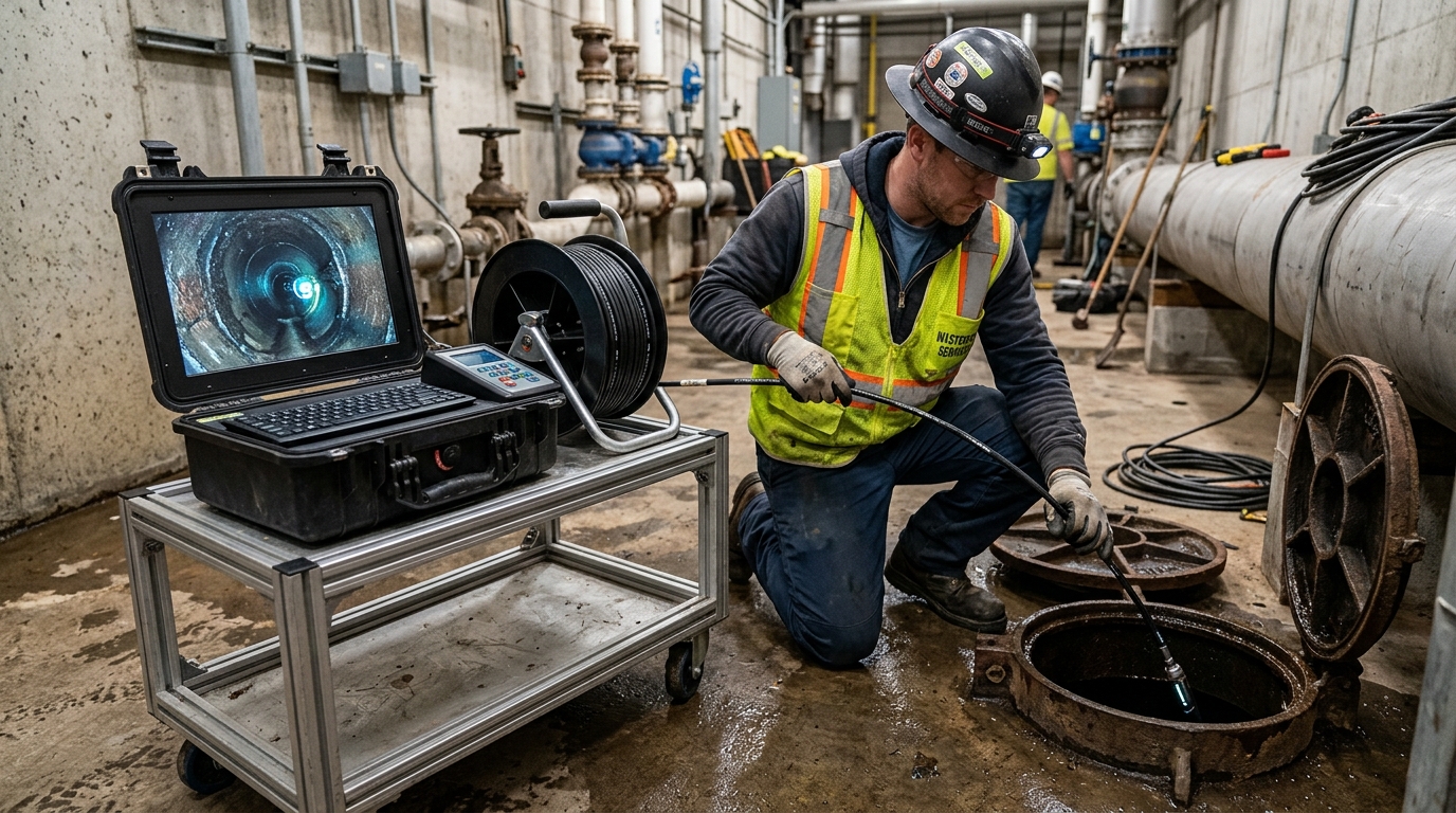 Commercial sewer video crawler camera inspection monitor displaying internal pipe scan in Essex MD