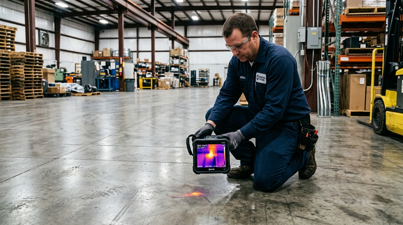 Technician using FLIR thermal camera to scan industrial warehouse concrete slab floor for hot water pipe leak