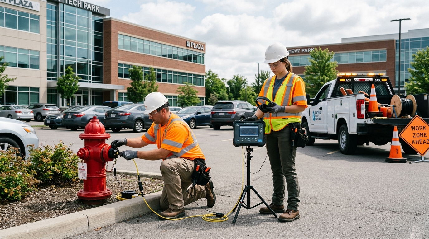 Commercial utility specialists locating underground water pipe leak using fire hydrant acoustic correlation device