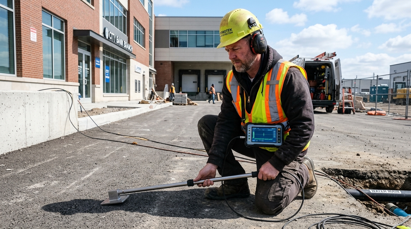 Commercial leak detection technician using acoustic ground sensor probe outside an Essex commercial building